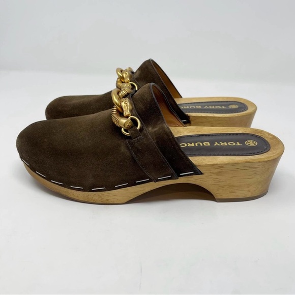 Tory Burch Womens 8 Brown Jessa Suede Horse Bit Clogs Cold Brew Leather Platform - Picture 6 of 9